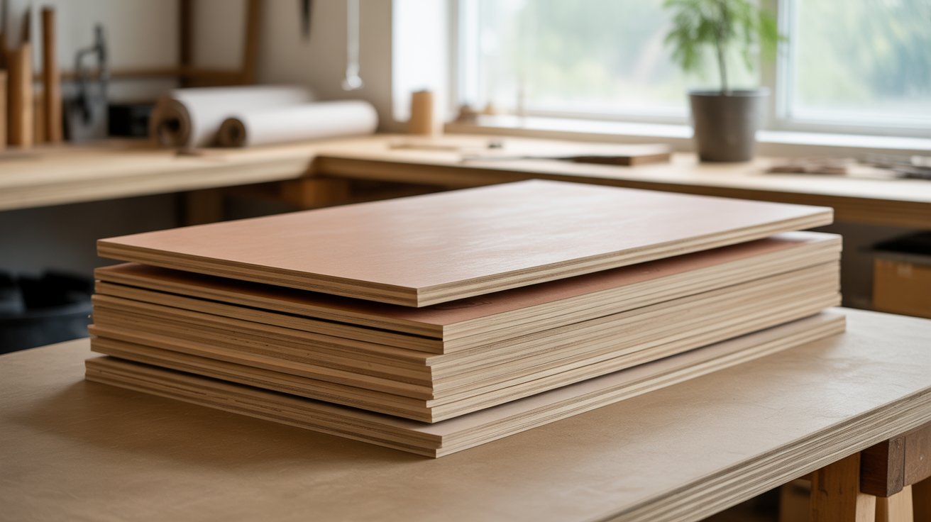 Stack of sustainable plywood by Trailbug in a workshop